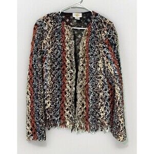 Vintage SANDY STARKMAN Open Jacket Lagenlook Boho Fringe Brown Red multicolor L